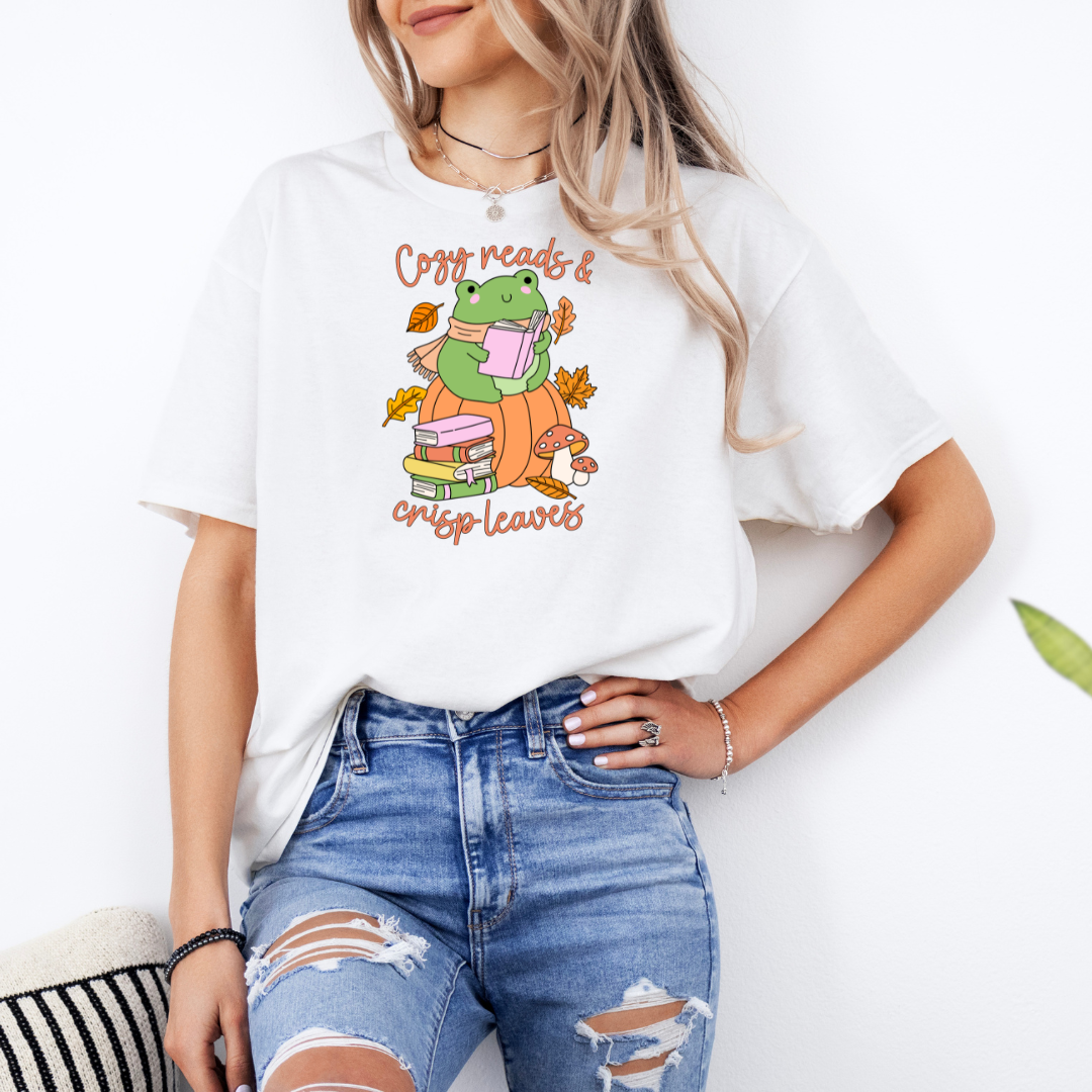 Cozy Reads and Crisp Leaves White T-Shirt with Premium DTF Transfer | Custom Graphic Tee | Unisex Comfort Fit