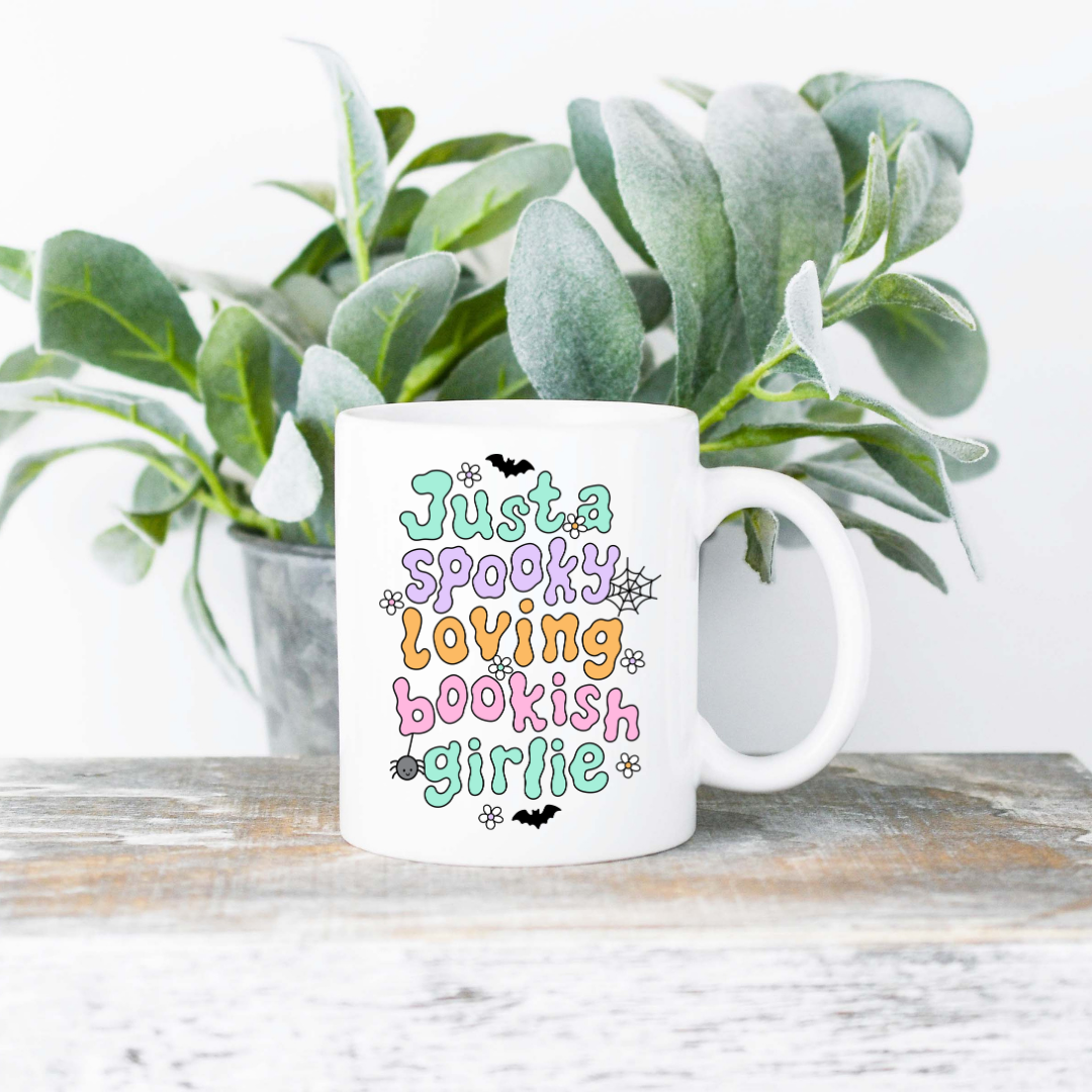 Just a Spooky Loving Bookish Girlie Coffee Mug | 11oz Ceramic Sublimation Mug | Dishwasher & Microwave Safe | Gift for Readers, Book Lovers, Coffee Drinkers