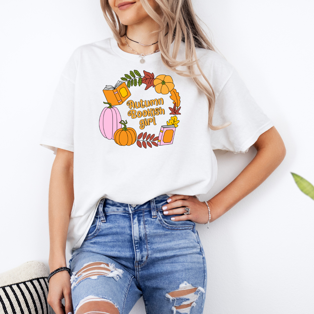 Autumn Bookish Girl White T-Shirt with Premium DTF Transfer | Custom Graphic Tee | Unisex Comfort Fit