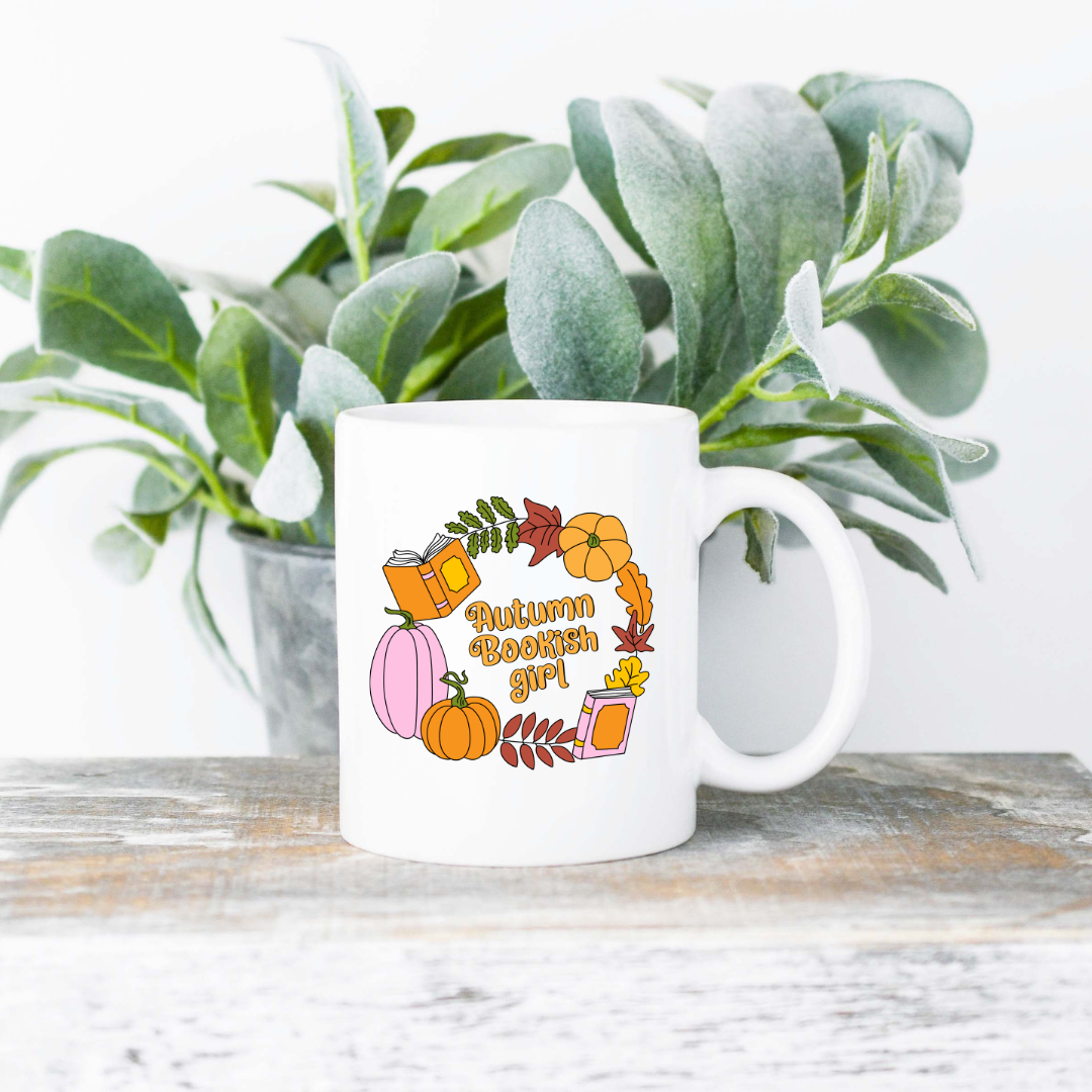 Autumn Bookish Girl Coffee Mug | 11oz Ceramic Sublimation Mug | Dishwasher & Microwave Safe | Gift for Readers, Book Lovers, Coffee Drinkers