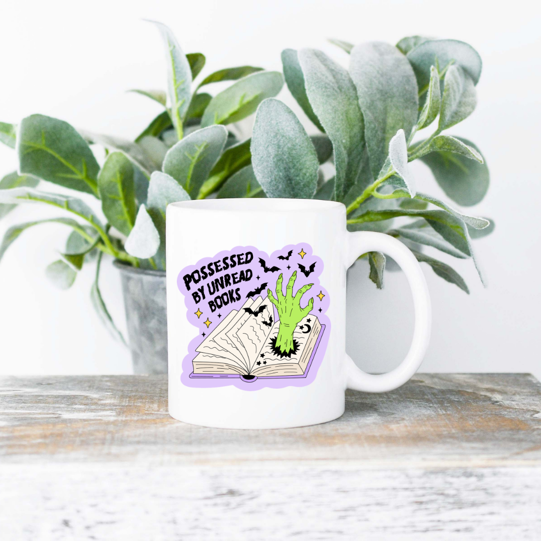 Possessed By Unread Books Coffee Mug | 11oz Ceramic Sublimation Mug | Dishwasher & Microwave Safe | Gift for Readers, Book Lovers, Coffee Drinkers