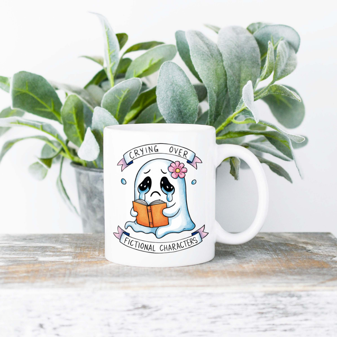 Crying Over Fictional Characters Coffee Mug | 11oz Ceramic Sublimation Mug | Dishwasher & Microwave Safe | Gift for Readers, Book Lovers, Coffee Drinkers