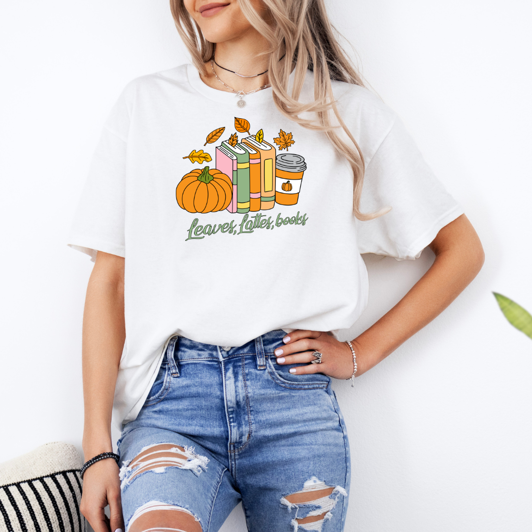 Leaves, Lattes, Books White T-Shirt with Premium DTF Transfer | Custom Graphic Tee | Unisex Comfort Fit