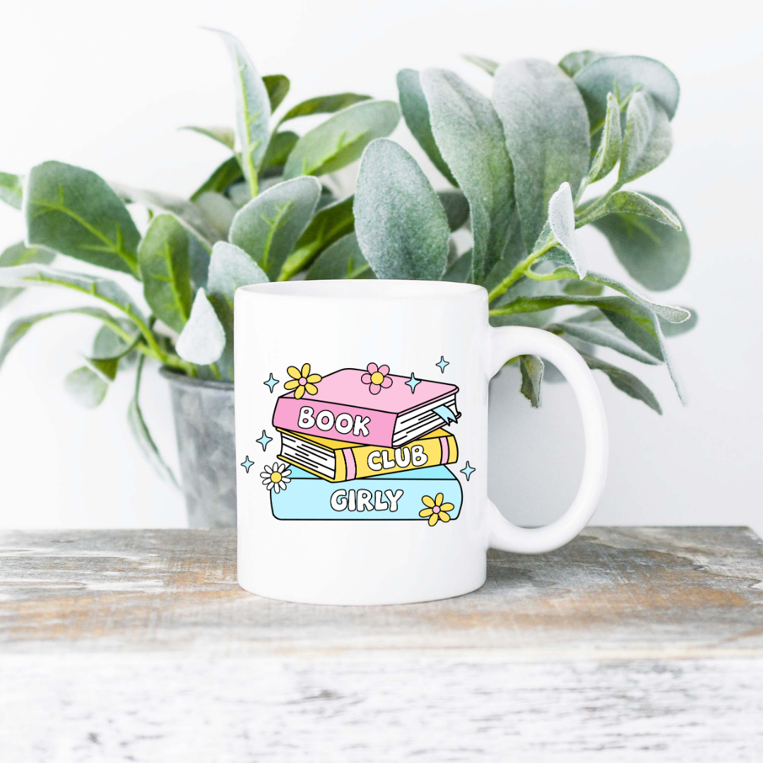 Book Club Girly Coffee Mug | 11oz Ceramic Sublimation Mug | Dishwasher & Microwave Safe | Gift for Readers, Book Lovers, Coffee Drinkers