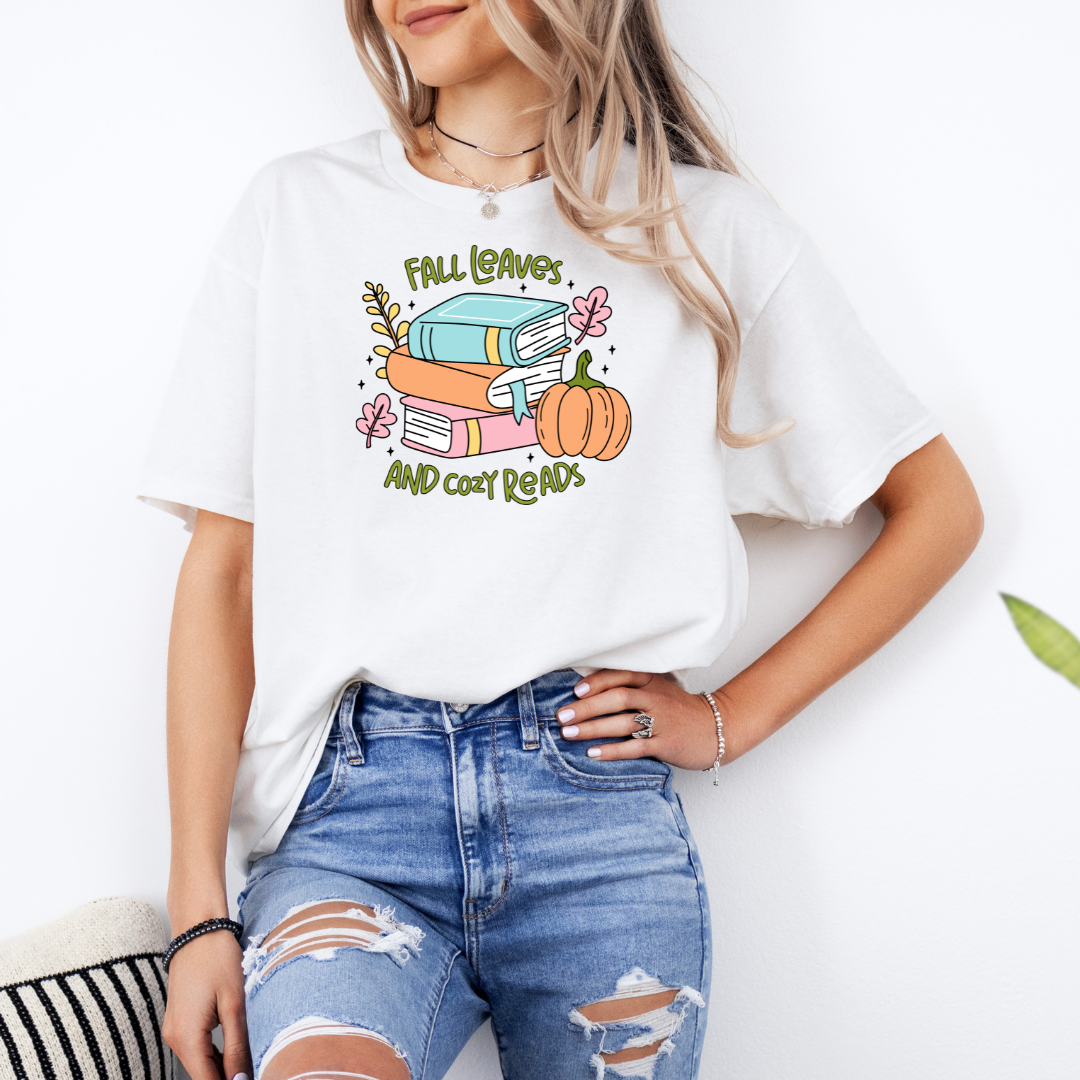 Fall Leaves and Cozy Reads White T-Shirt with Premium DTF Transfer | Custom Graphic Tee | Unisex Comfort Fit