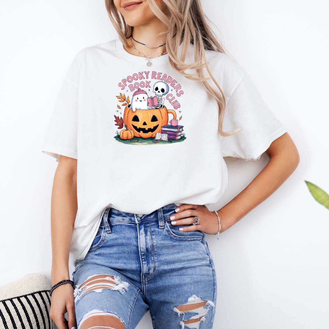 Spooky Readers Book Club Design #1 White T-Shirt with Premium DTF Transfer | Custom Graphic Tee | Unisex Comfort Fit