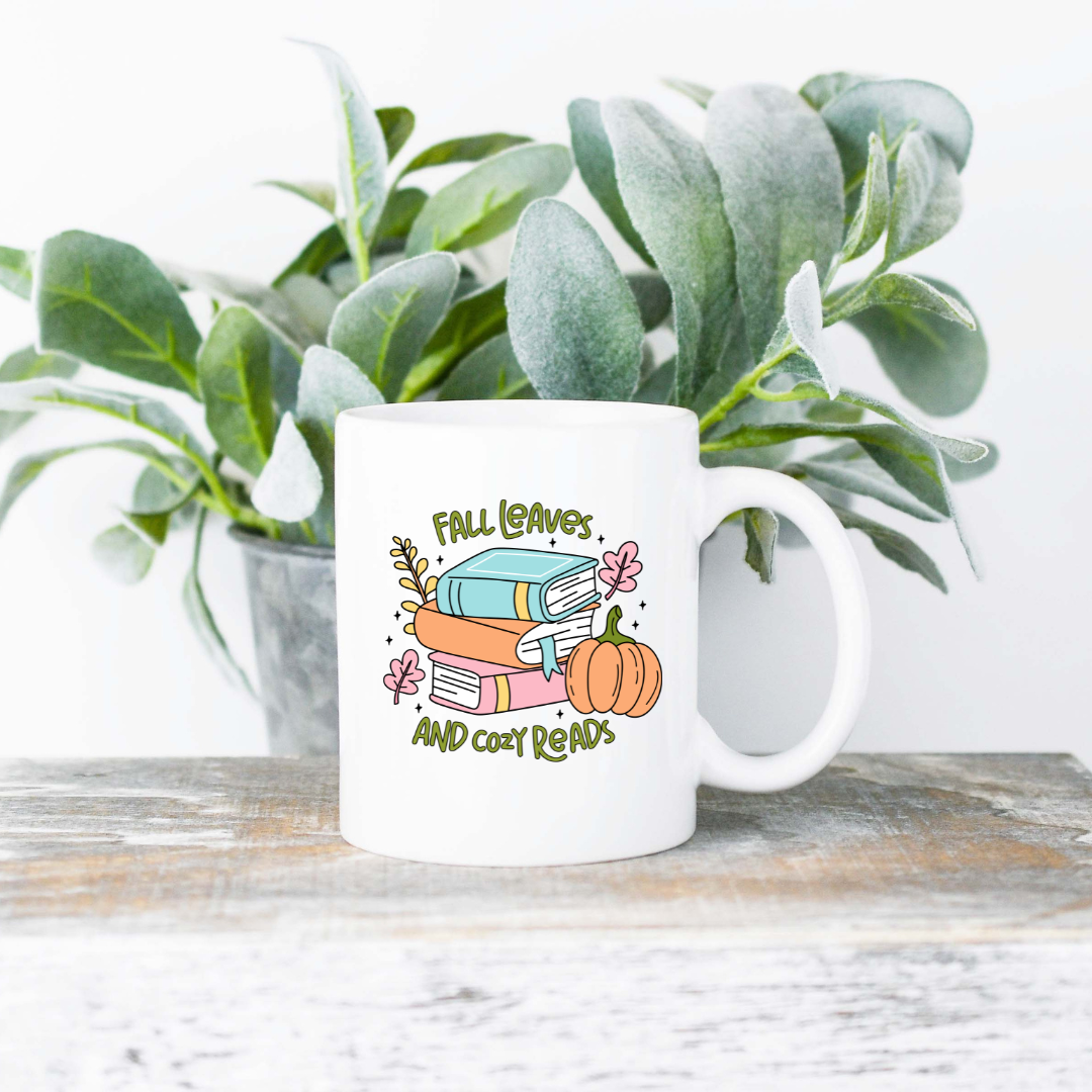 Fall Leaves and Cozy Reads Coffee Mug | 11oz Ceramic Sublimation Mug | Dishwasher & Microwave Safe | Gift for Readers, Book Lovers, Coffee Drinkers