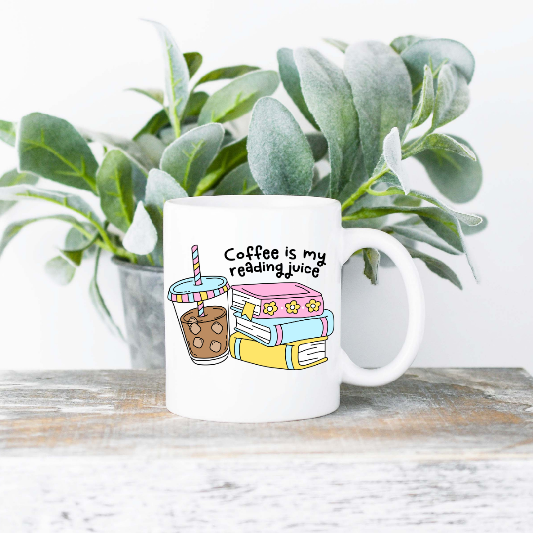 Coffee Is My Reading Juice Coffee Mug | 11oz Ceramic Sublimation Mug | Dishwasher & Microwave Safe | Gift for Readers, Book Lovers, Coffee Drinkers