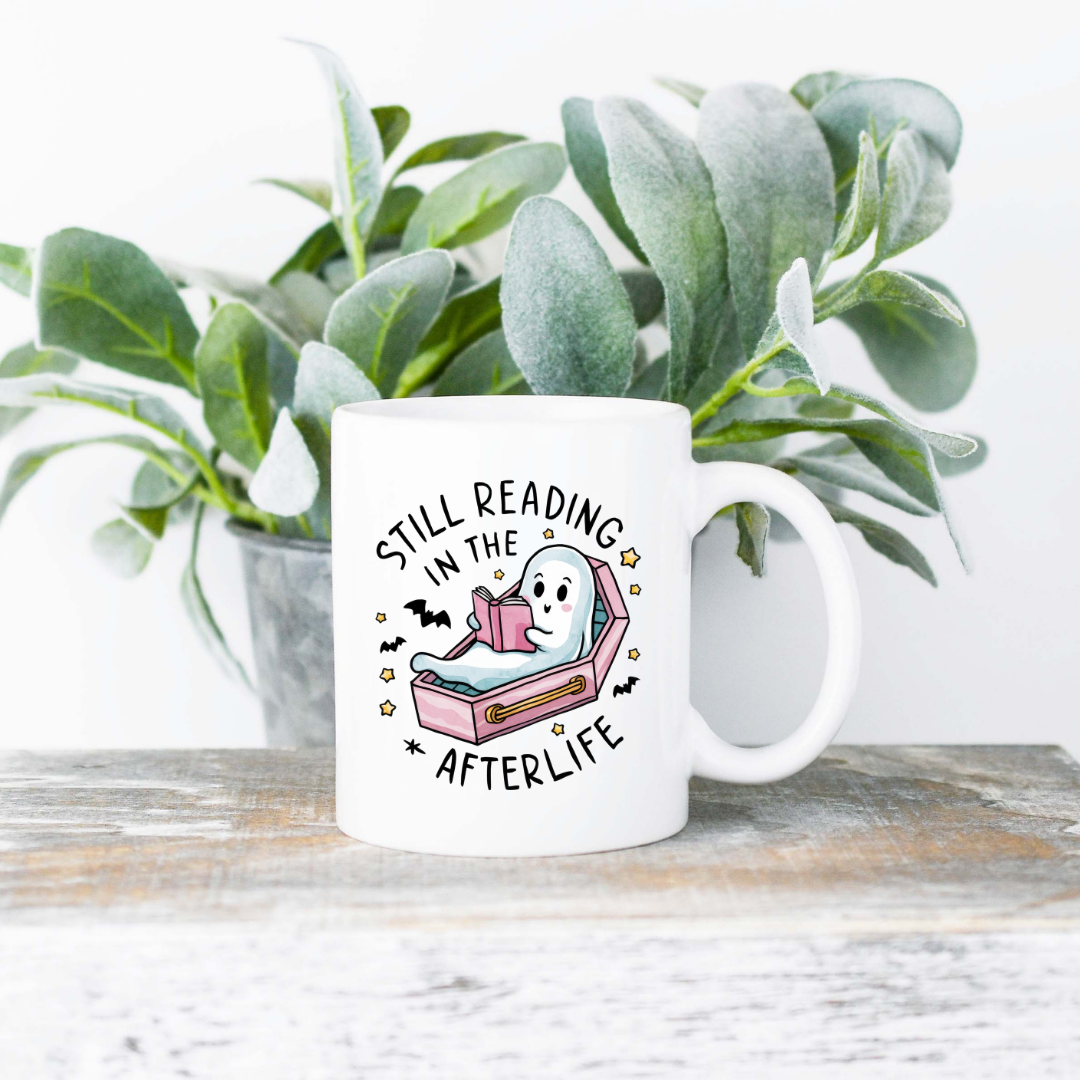 Still Reading In The Afterlife Coffee Mug | 11oz Ceramic Sublimation Mug | Dishwasher & Microwave Safe | Gift for Readers, Book Lovers, Coffee Drinkers