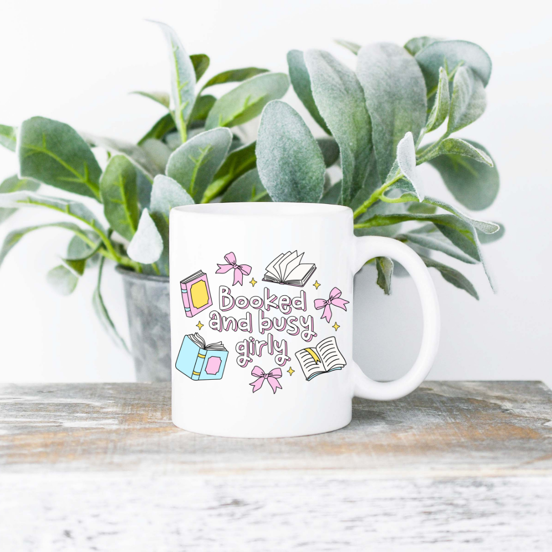 Booked And Busy Girly Coffee Mug | 11oz Ceramic Sublimation Mug | Dishwasher & Microwave Safe | Gift for Readers, Book Lovers, Coffee Drinkers