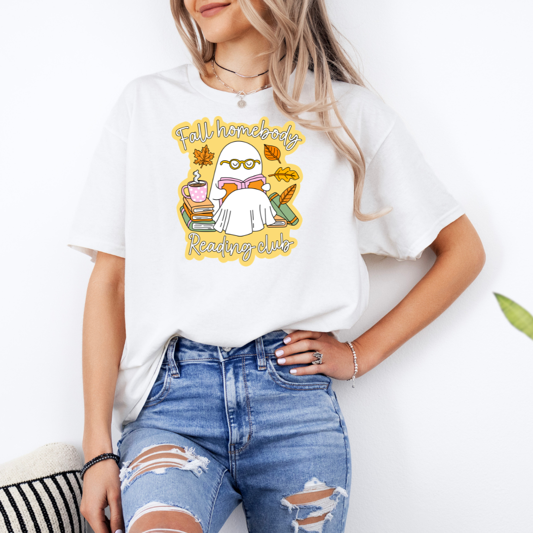 Fall Homebody Reading Club White T-Shirt with Premium DTF Transfer | Custom Graphic Tee | Unisex Comfort Fit