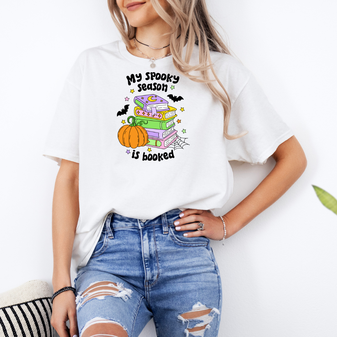 My Spooky Season Is Booked White T-Shirt with Premium DTF Transfer | Custom Graphic Tee | Unisex Comfort Fit