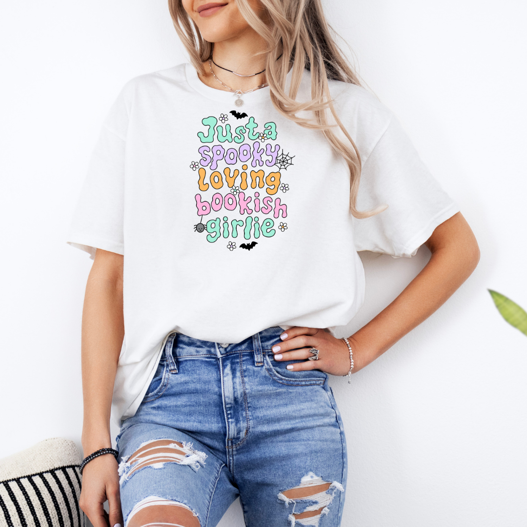 Just A Spooky Loving Bookish Girlie White T-Shirt with Premium DTF Transfer | Custom Graphic Tee | Unisex Comfort Fit