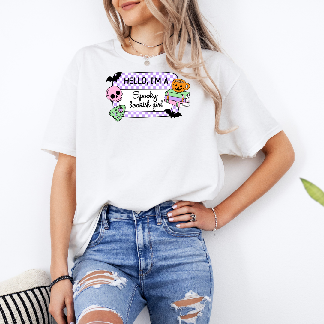 Hello, I'm A Spooky Bookish Girl White T-Shirt with Premium DTF Transfer | Custom Graphic Tee | Unisex Comfort Fit