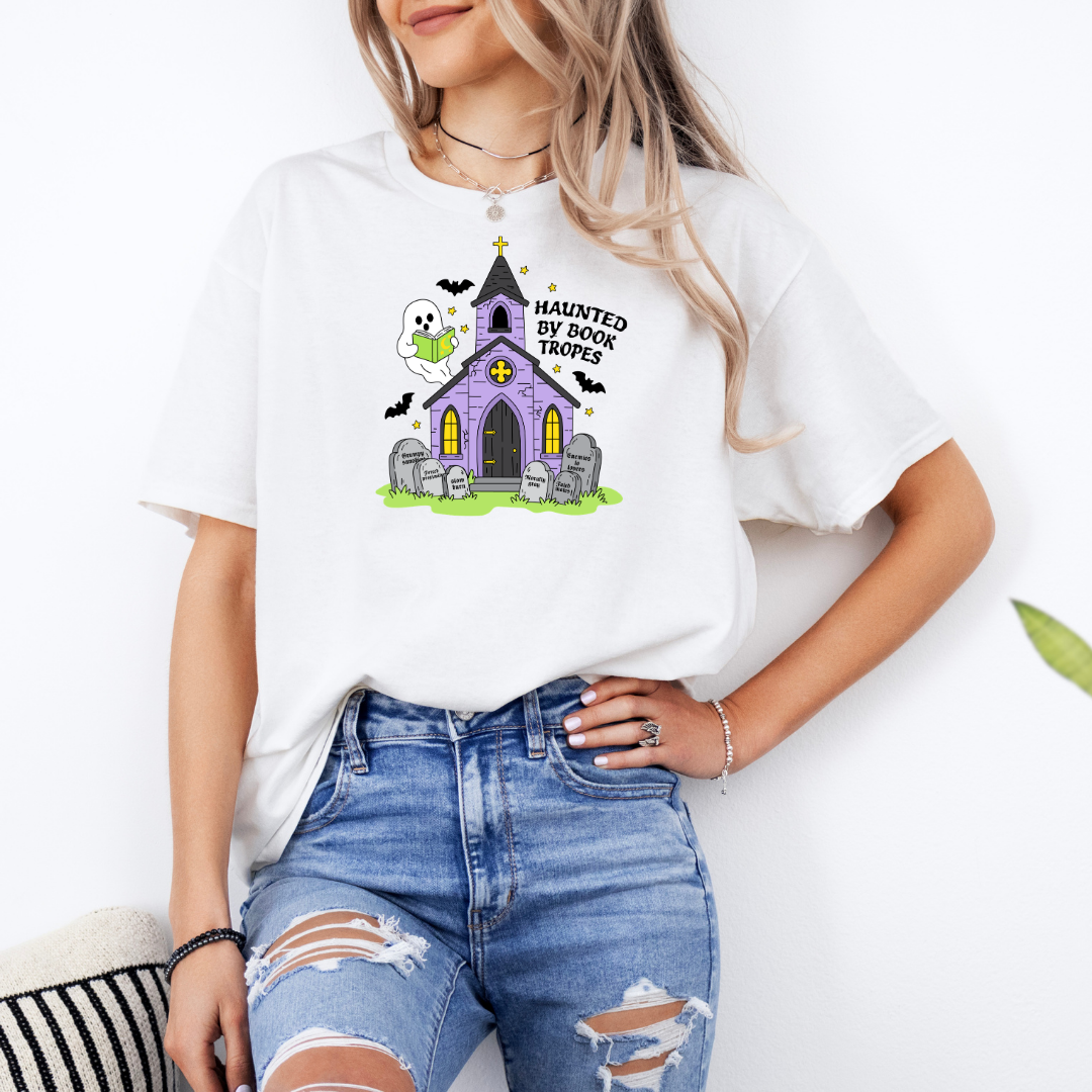 Haunted By Book Tropes White T-Shirt with Premium DTF Transfer | Custom Graphic Tee | Unisex Comfort Fit