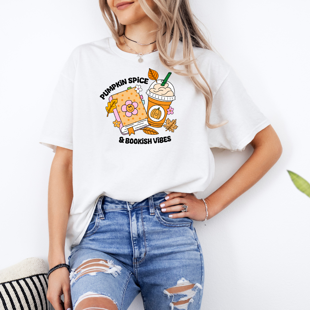 Pumpkin Spice and Bookish Vibes White T-Shirt with Premium DTF Transfer | Custom Graphic Tee | Unisex Comfort Fit (