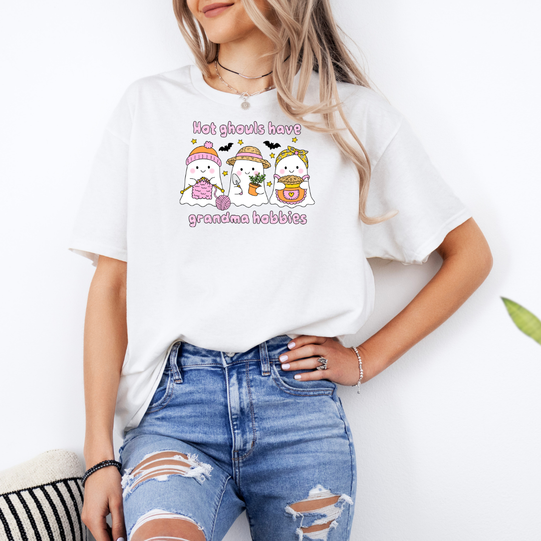 Hot Ghouls Have Grandma Hobbies White T-Shirt with Premium DTF Transfer | Custom Graphic Tee | Unisex Comfort Fit