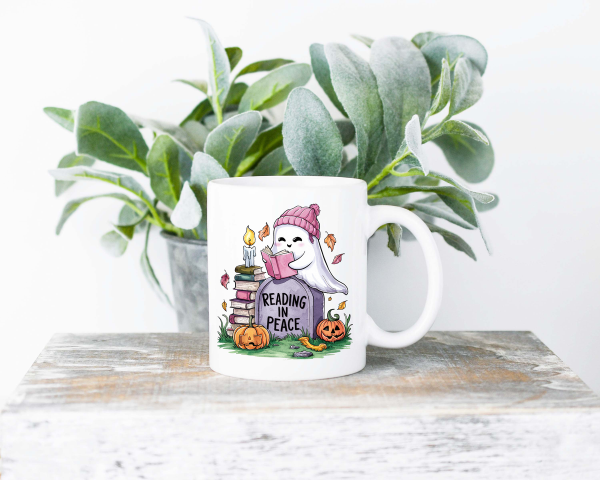 Reading in Peace Coffee Mug | 11oz Ceramic Sublimation Mug | Dishwasher & Microwave Safe | Gift for Readers, Book Lovers, Coffee Drinkers