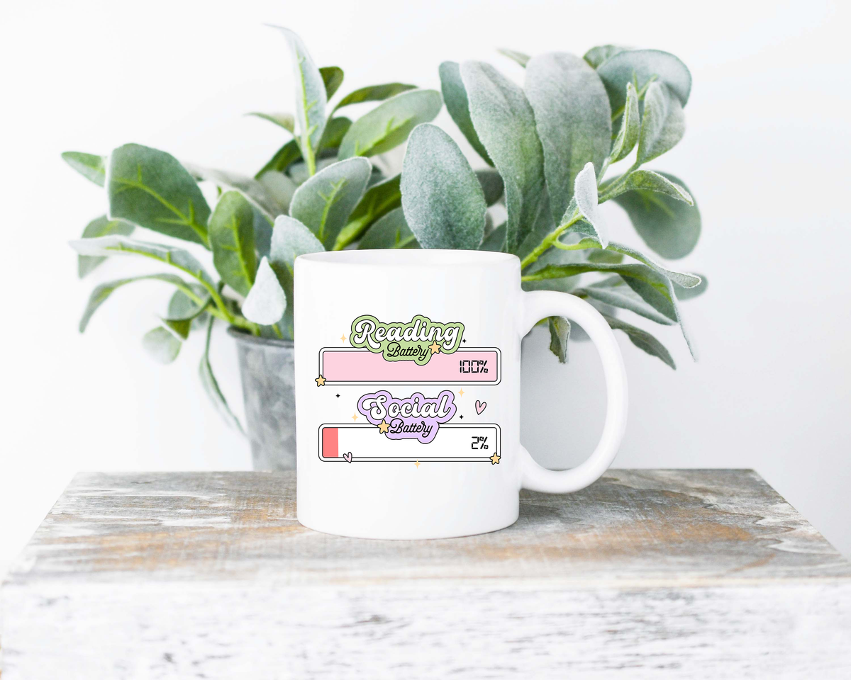 Reading Battery Coffee Mug | 11oz Ceramic Sublimation Mug | Dishwasher & Microwave Safe | Gift for Readers, Book Lovers, Coffee Drinkers